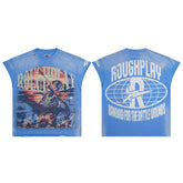 Vintage Washed Blue Warrior Globe Graphic Oversized T‑Shirt