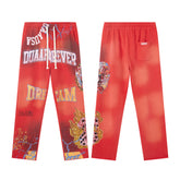 Red Vintage Wash Flame Letter Graphic Wide‑Leg Sweatpants