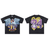 Black Vintage 24 Angel Portrait Graphic Oversized T‑Shirt