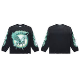Black Vintage Winged Unicorn Pegasus Graphic Oversized Long Sleeve T‑Shirt