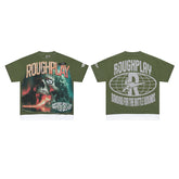 Roughplay Olive Green Skull Graphic Short Sleeve Tee Men Oversized Streetwear T‑Shirt