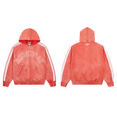 Red Washed Side Stripe Gothic Letter DUAA Zip‑Up Hoodie