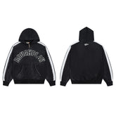 Black Washed Side Stripe Gothic Letter DUAA Zip‑Up Hoodie