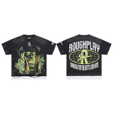 Vintage Washed Black Green Monster Globe Graphic Oversized T‑Shirt