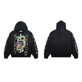 Black Vintage Panther & Snake Graphic Oversized Zip‑Up Hoodie