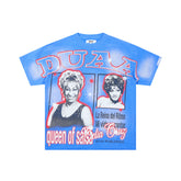 Blue Vintage Queen Of Salsa Portrait Graphic Oversized T‑Shirt