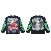 Black Vintage Basketball Star Graphic Long Sleeve Tee Roughplay Oversized Streetwear T‑Shirt