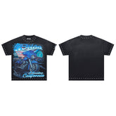 Black Vintage Malibu California Motorcycle Graphic Oversized T‑Shirt