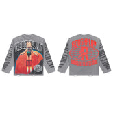 Grey Vintage Superhero Graphic Long Sleeve Tee Roughplay Oversized Streetwear T‑Shirt