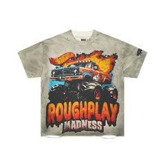 Vintage Washed Grey Fire Monster Truck Graphic Oversized T‑Shirt