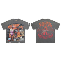Vintage Washed Grey Retro Poster Globe Graphic Oversized T‑Shirt