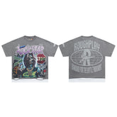 Vintage Washed Grey Hip‑Hop Portrait Globe Graphic Oversized T‑Shirt