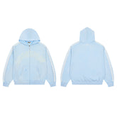 Light Blue Washed Side Stripe Gothic Letter DUAA Zip‑Up Hoodie