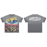 Washed Grey Chessboard World Map Graphic Oversized Tee Streetwear Short Sleeve T‑Shirt