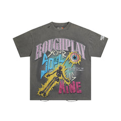 Vintage Washed Grey Skeleton Globe Graphic Oversized T‑Shirt