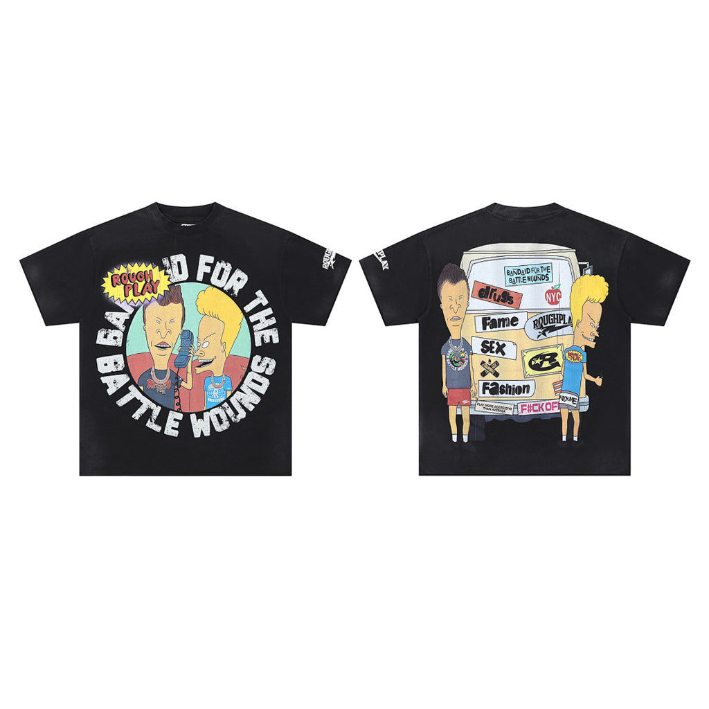 Roughplay Retro Cartoon Collage Graphic Short Sleeve Tee Men Oversized Streetwear T‑Shirt