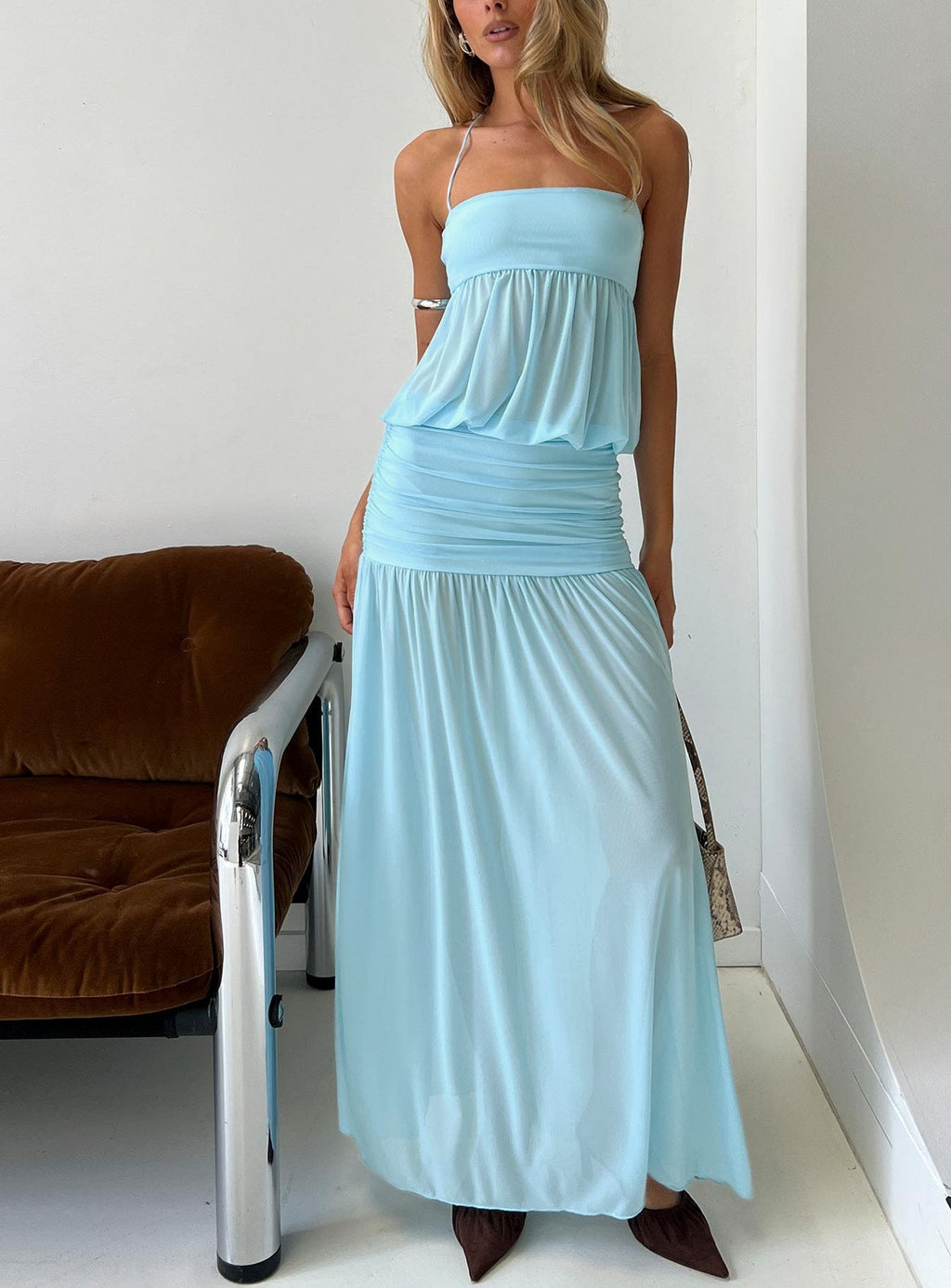 Halter Blouson Maxi Dress Blue