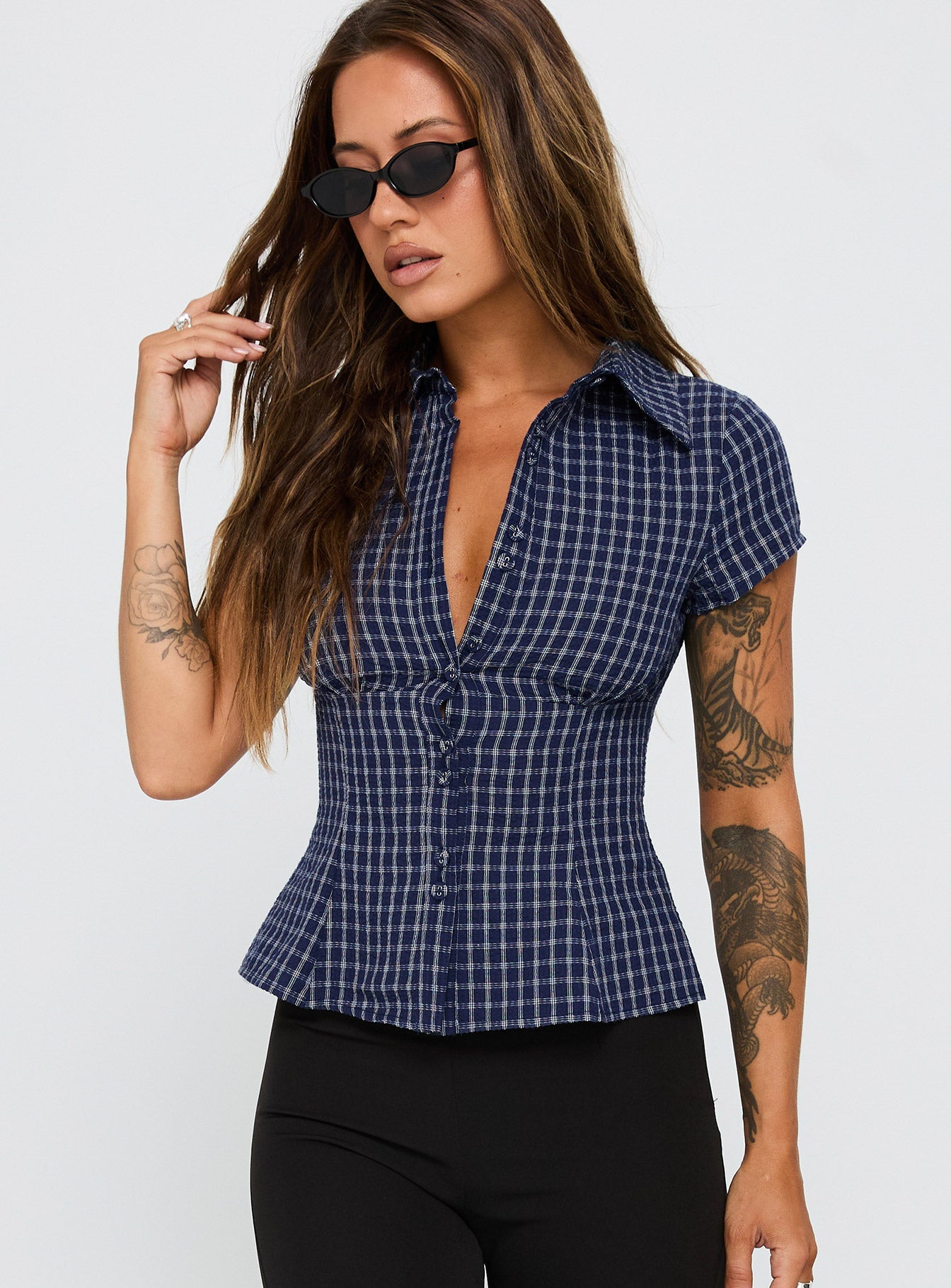 Blouse Top Navy Check
