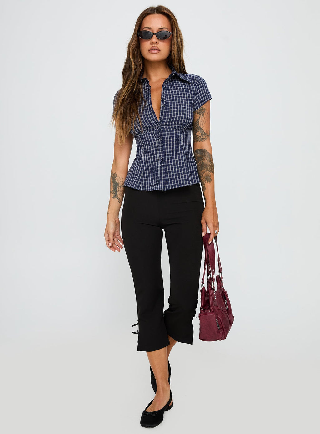 Blouse Top Navy Check