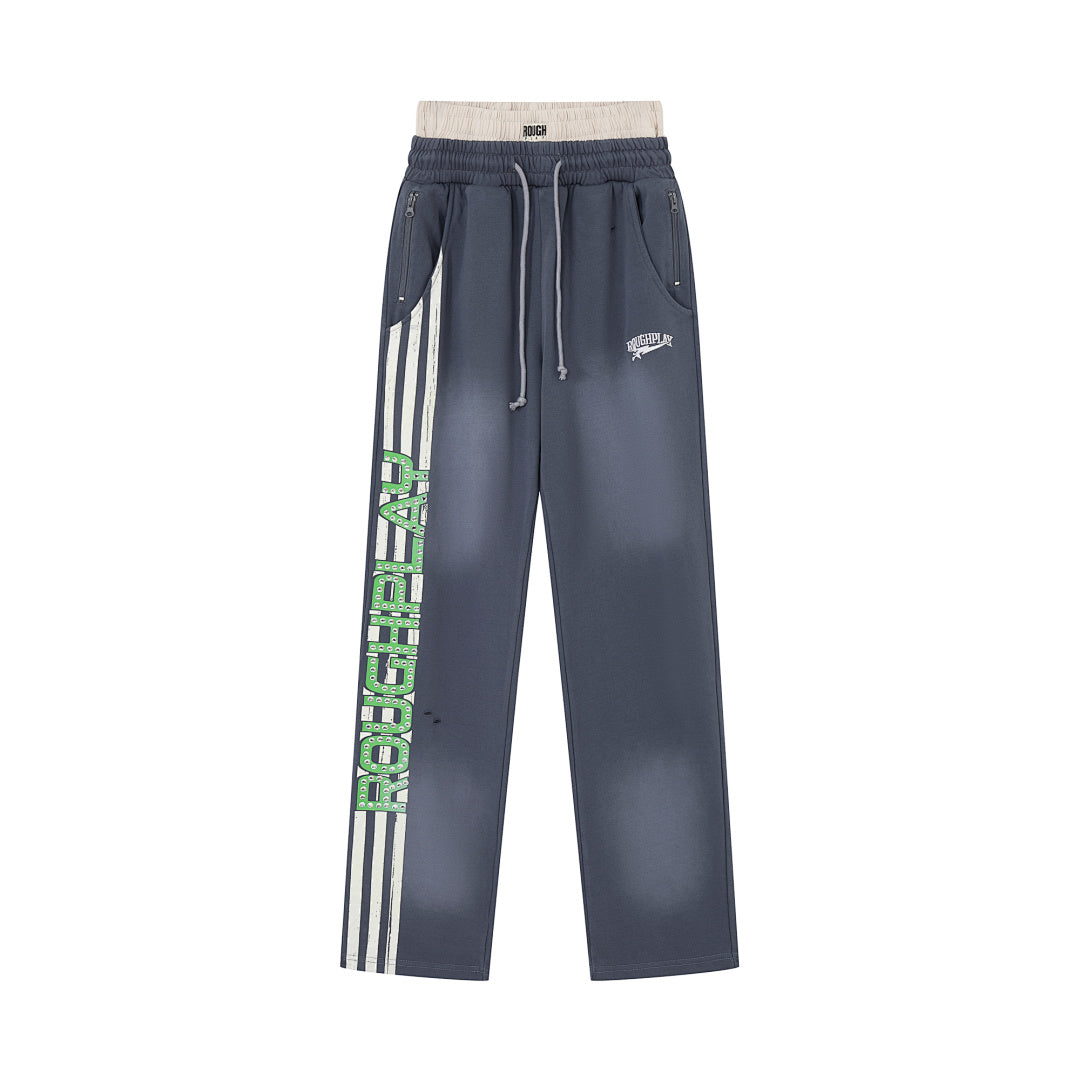 Roughplay Vintage Washed Green Letter Side Stripe Wide Leg Sweatpants Men Streetwear Loose Trousers