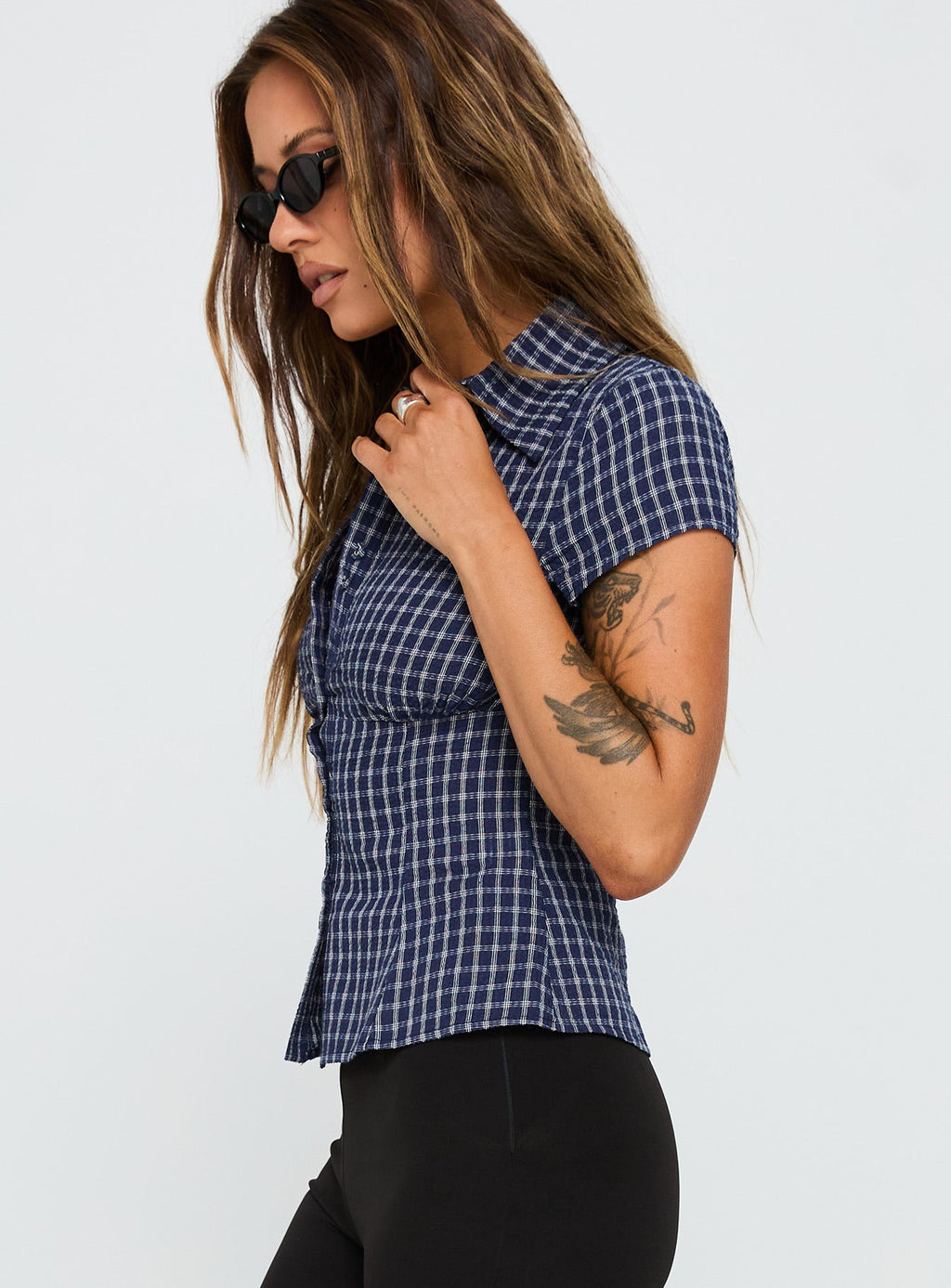Blouse Top Navy Check