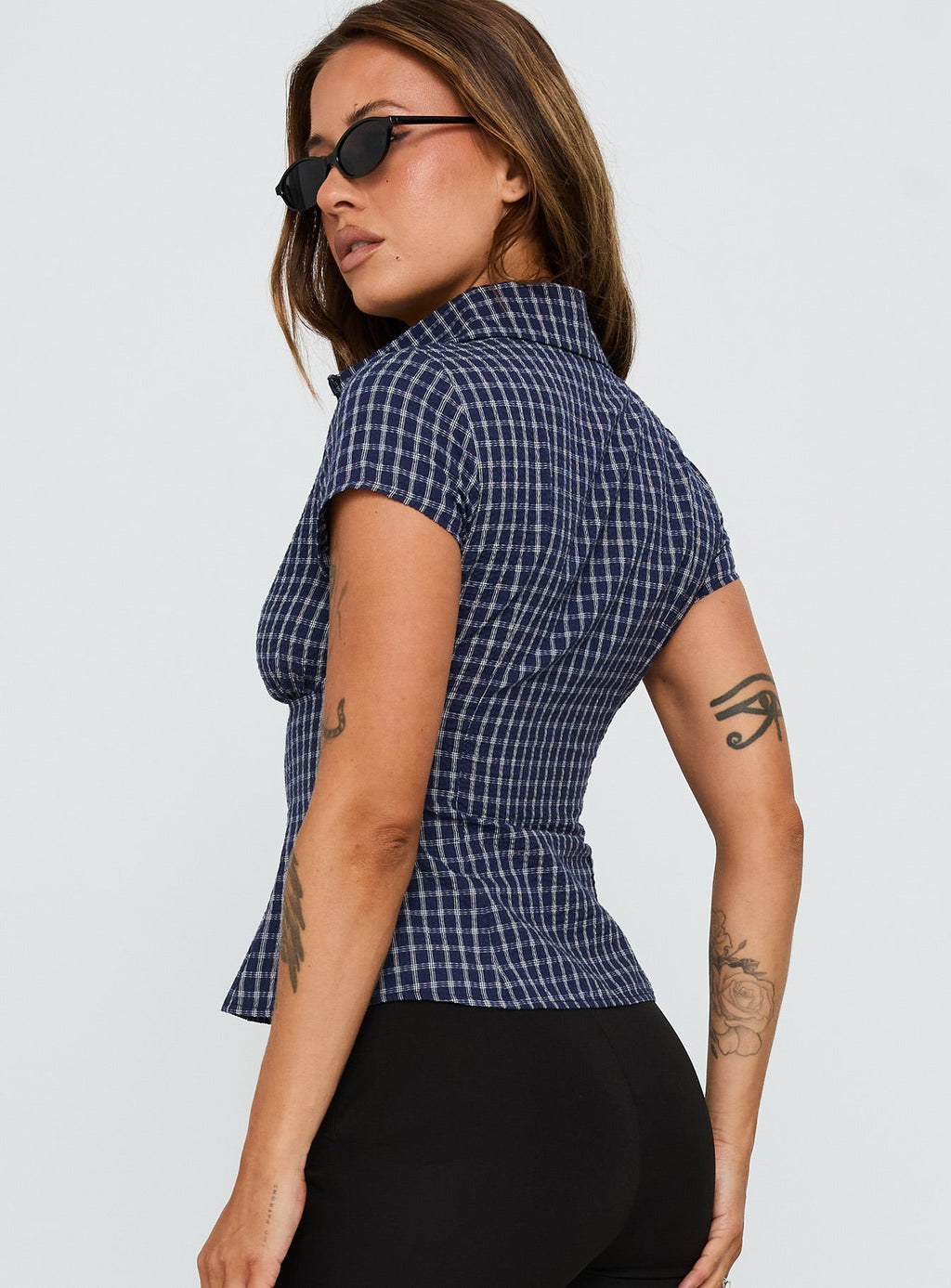 Blouse Top Navy Check