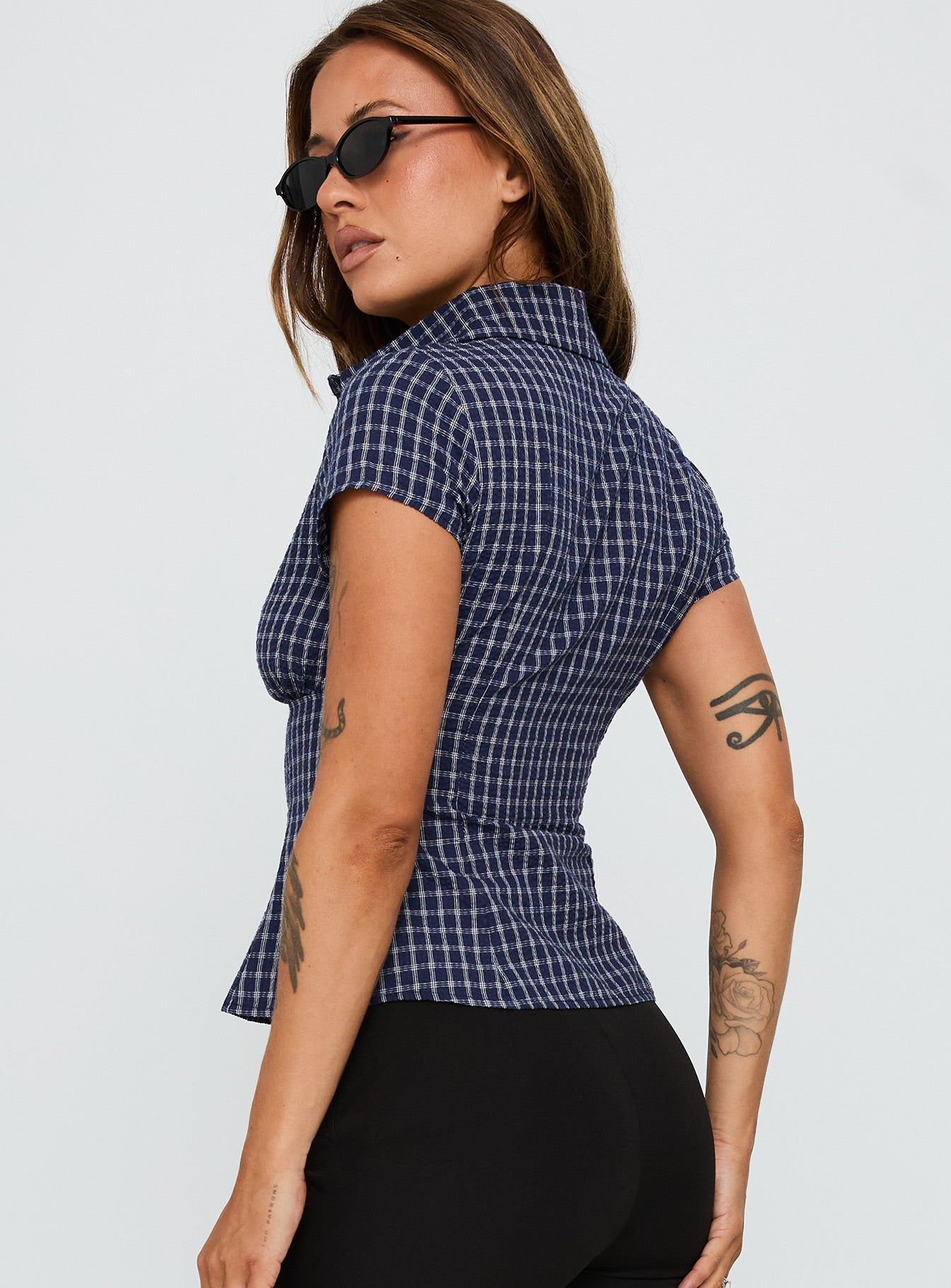 Blouse Top Navy Check
