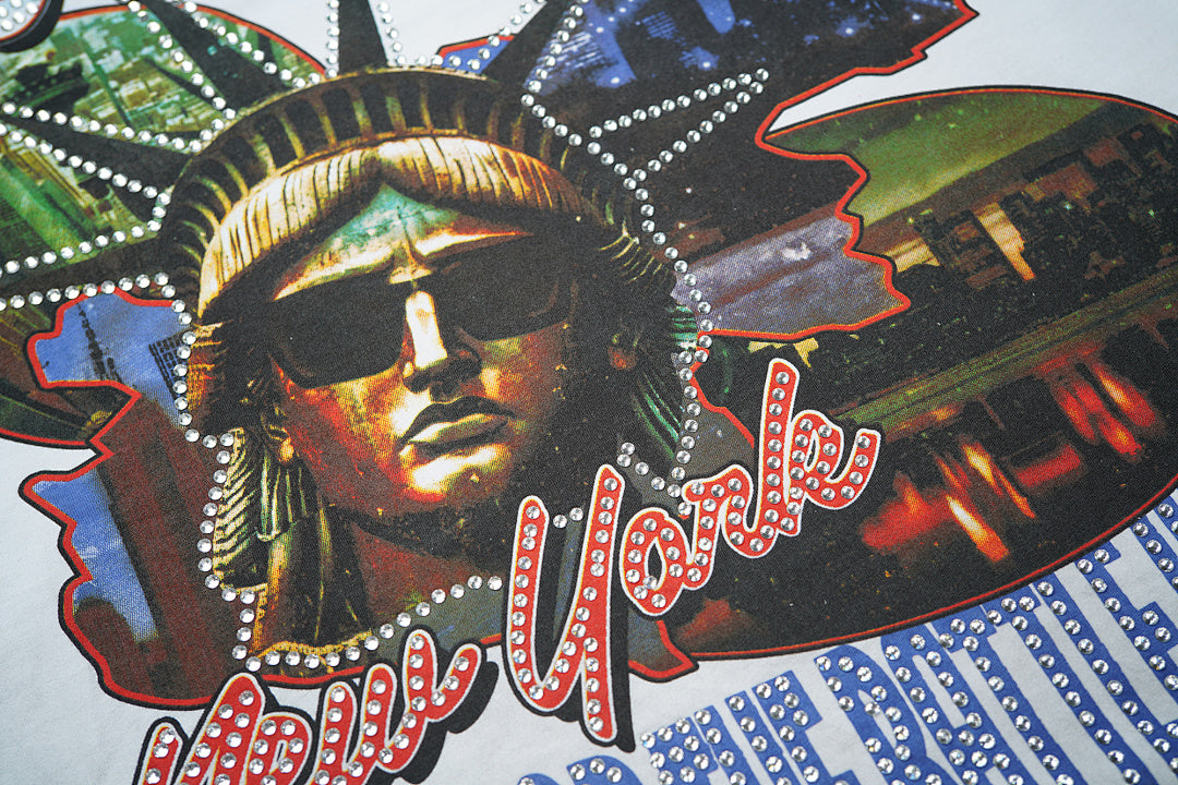 Vintage Washed White Statue Of Liberty Globe Graphic Oversized T‑Shirt