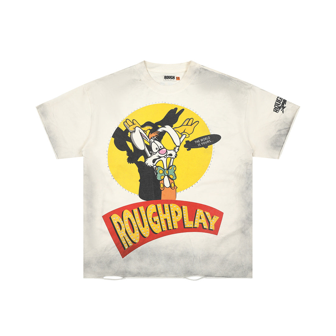 Roughplay Vintage Cartoon Graphic Short Sleeve Tee Men Oversized Streetwear T‑Shirt
