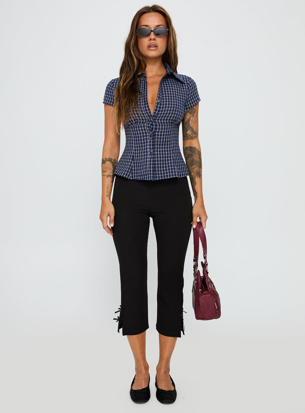Blouse Top Navy Check