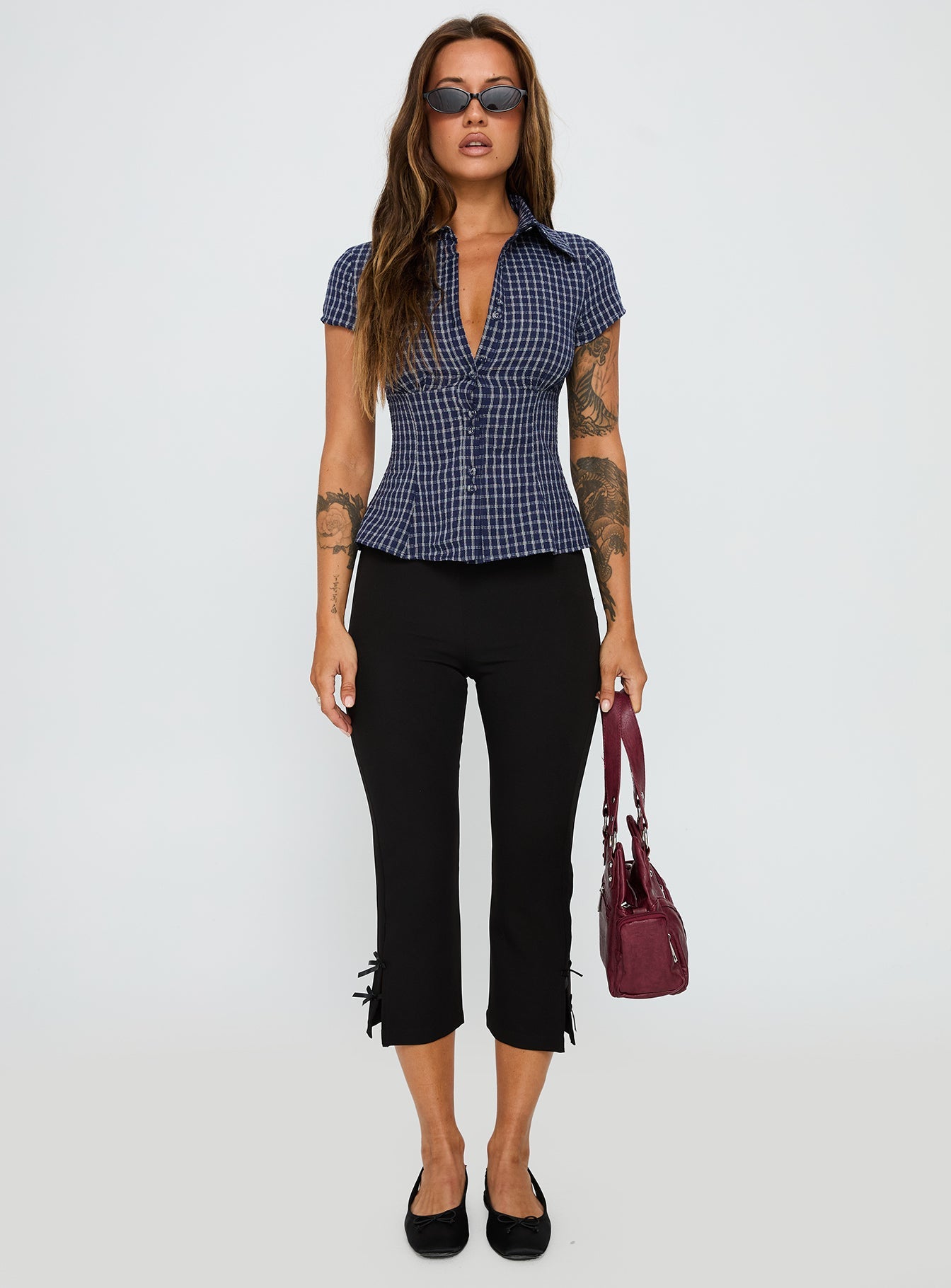 Blouse Top Navy Check