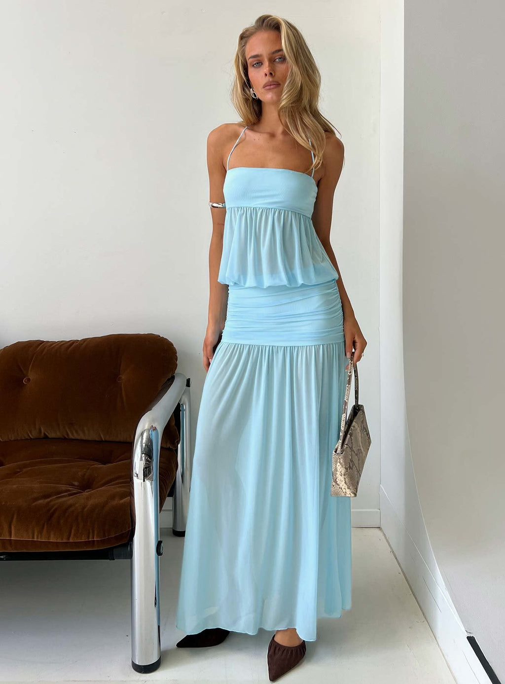 Halter Blouson Maxi Dress Blue