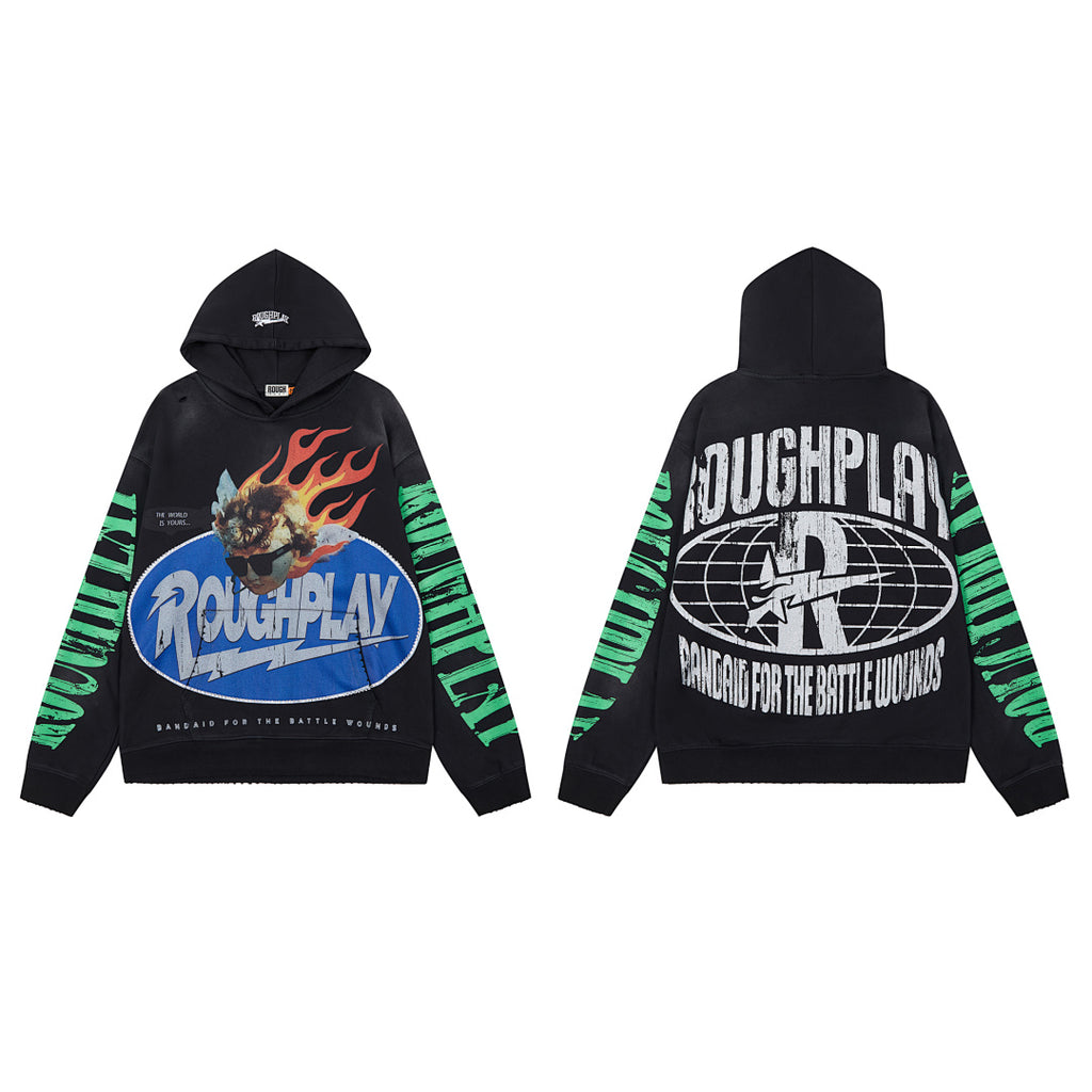 Roughplay Black Flame Graphic Hoodie Men Oversized Streetwear Pullover Hooded Sweatshirt