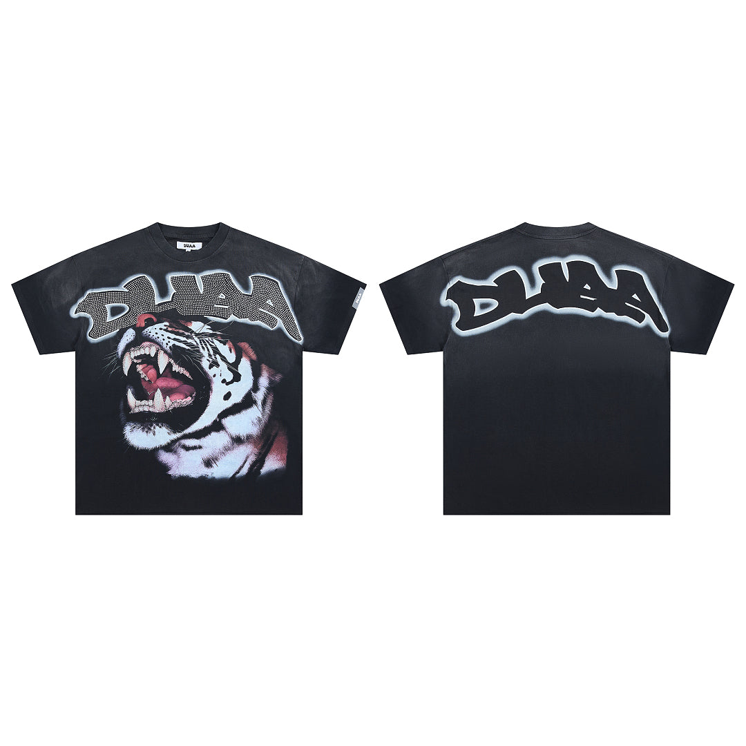 Black Vintage Roaring Tiger Graphic Oversized T‑Shirt