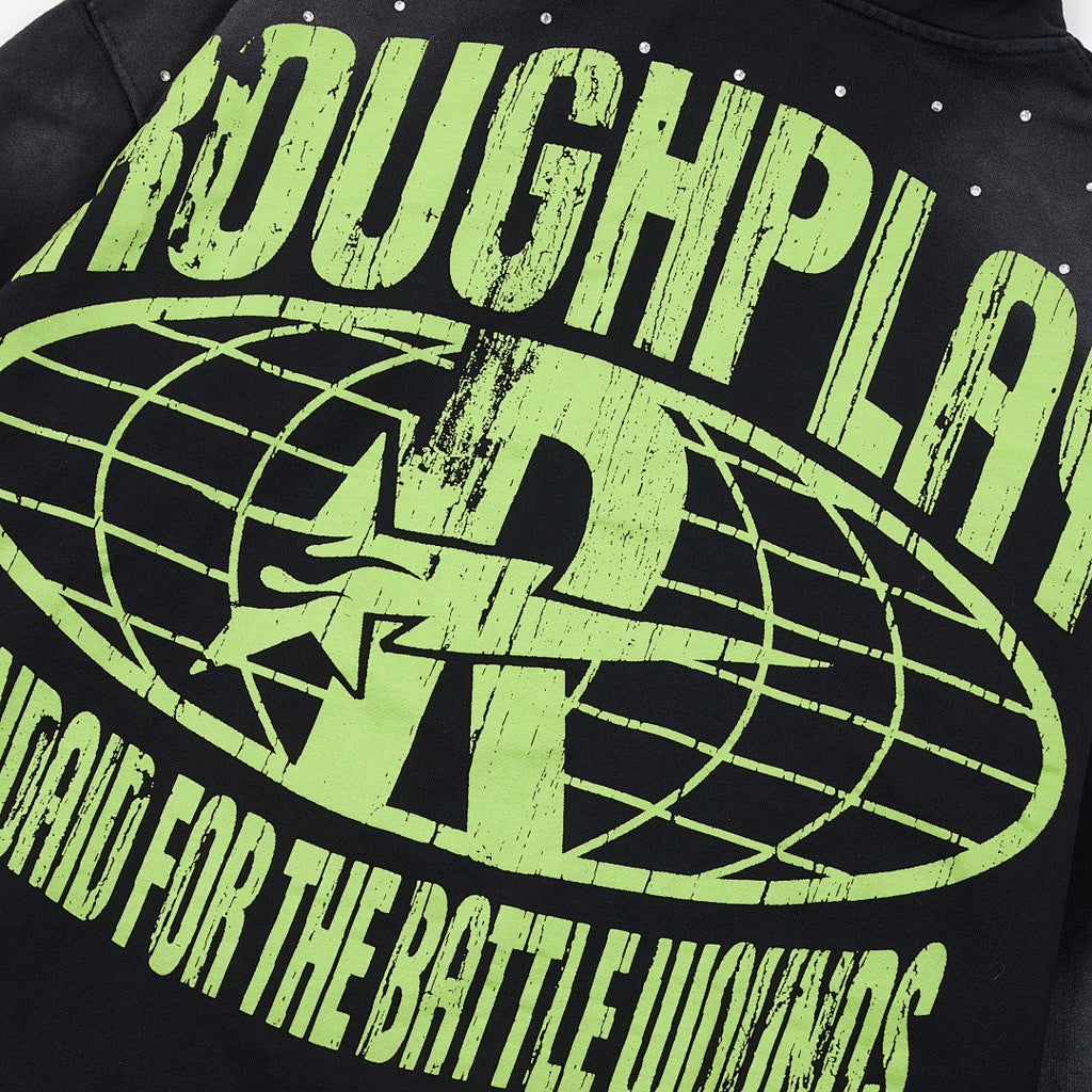 Roughplay Black Neon Green Portrait Graphic Hoodie Men Oversized Streetwear Pullover