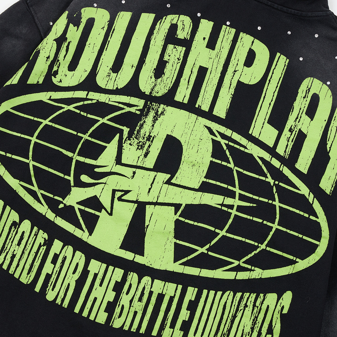 Roughplay Black Neon Green Portrait Graphic Hoodie Men Oversized Streetwear Pullover