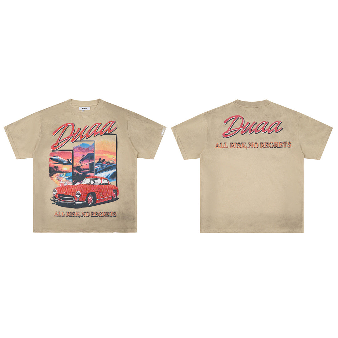Khaki Washed Vintage Red Classic Car DUAA Graphic Oversized T‑Shirt