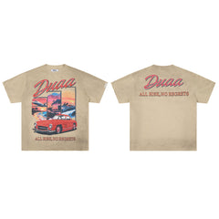 Khaki Washed Vintage Red Classic Car DUAA Graphic Oversized T‑Shirt