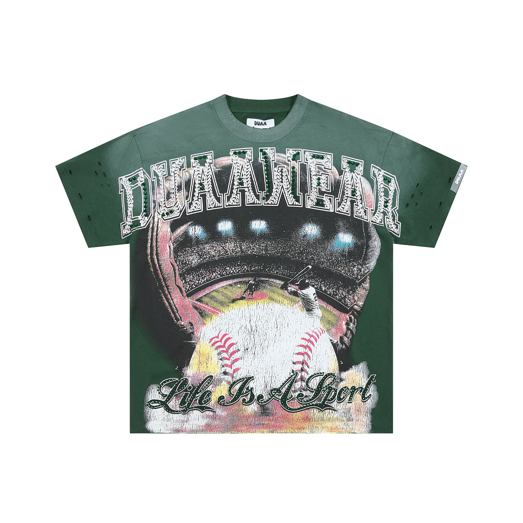 Dark Green Vintage Baseball Graphic Oversized T‑Shirt