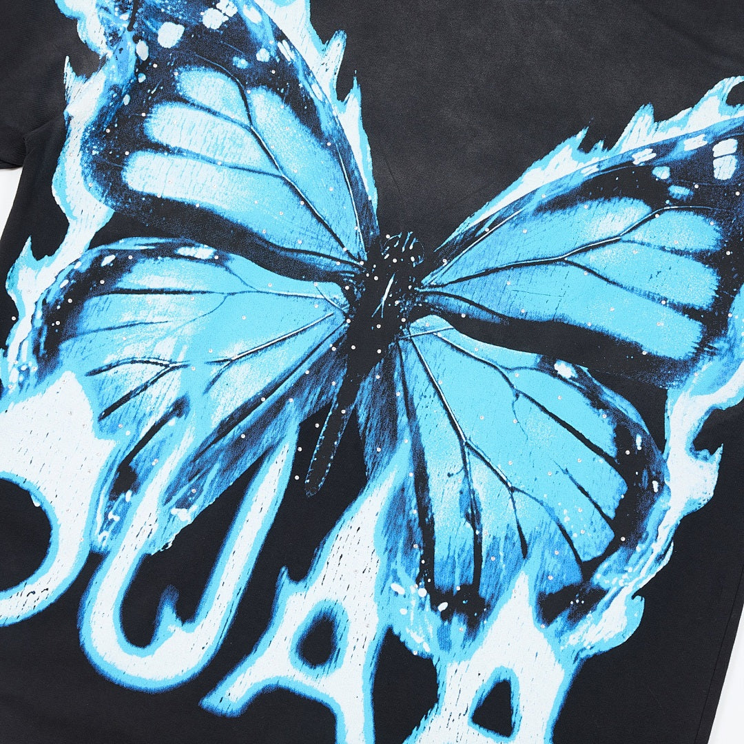 Black Vintage Blue Butterfly DUAA Graphic Oversized T‑Shirt