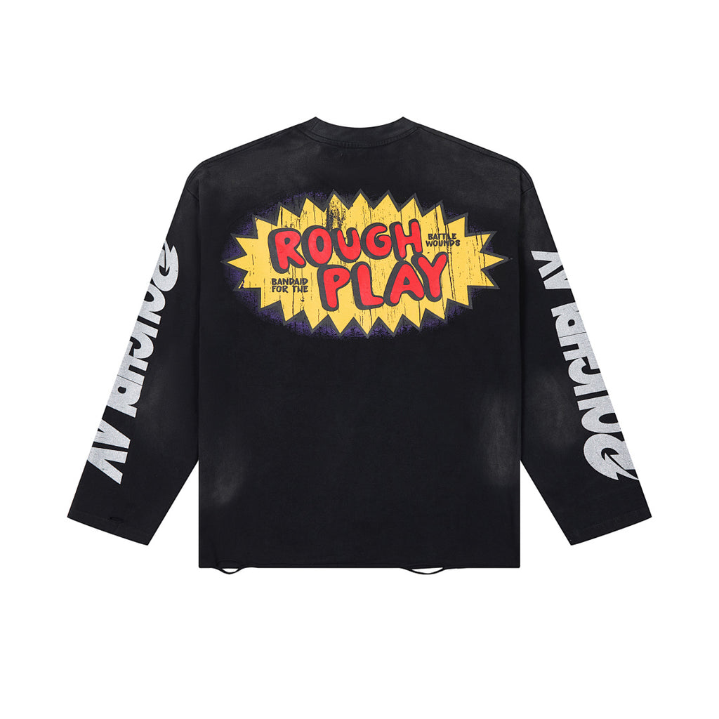 Roughplay Black Vintage Comic Graphic Long Sleeve Tee Men Oversized Streetwear Top