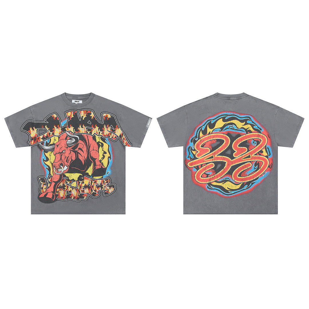 Dark Grey Vintage Bull Fire Graphic Oversized T‑Shirt