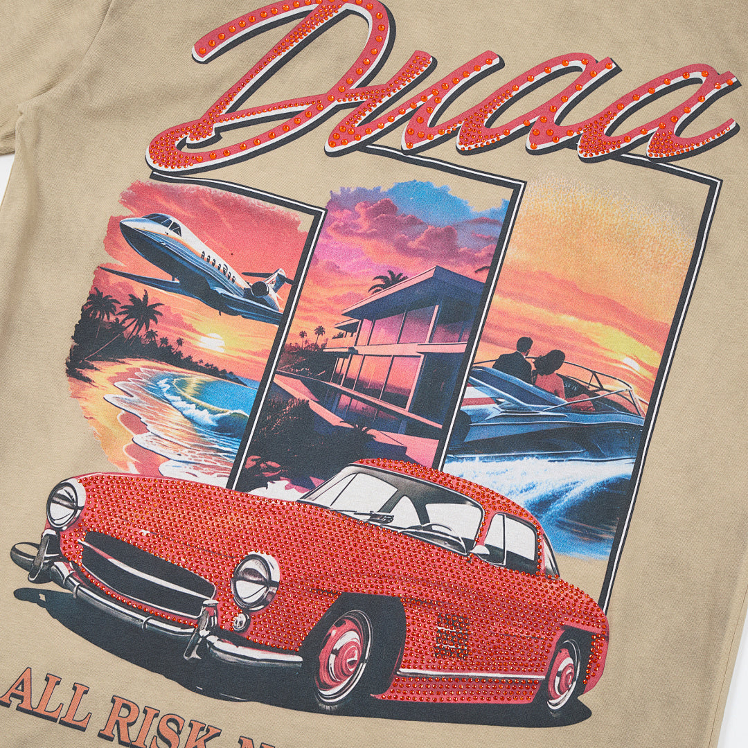 Khaki Washed Vintage Red Classic Car DUAA Graphic Oversized T‑Shirt