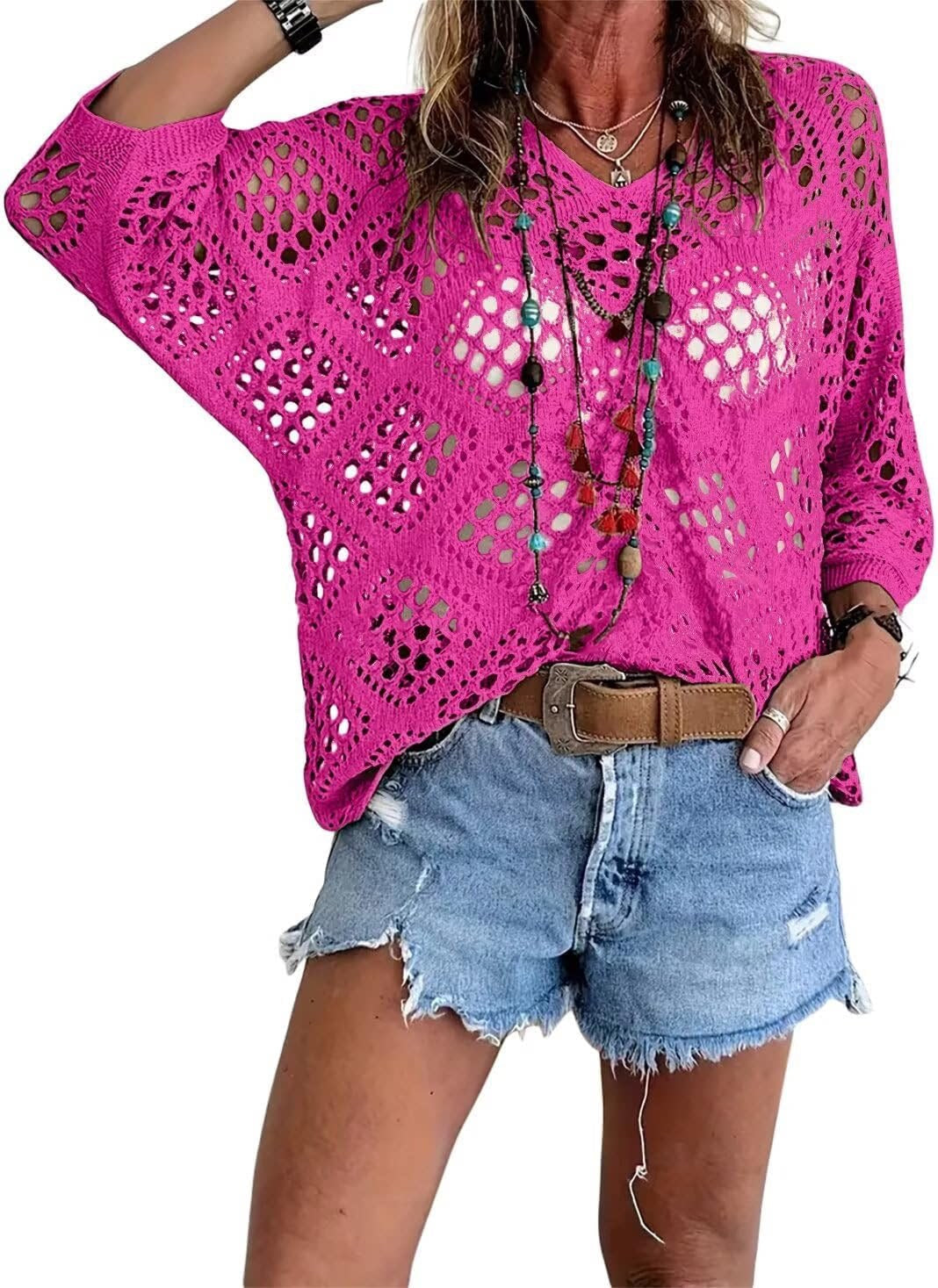 Womens Bohemian-Inspired Beige Crochet Top With V-Neck