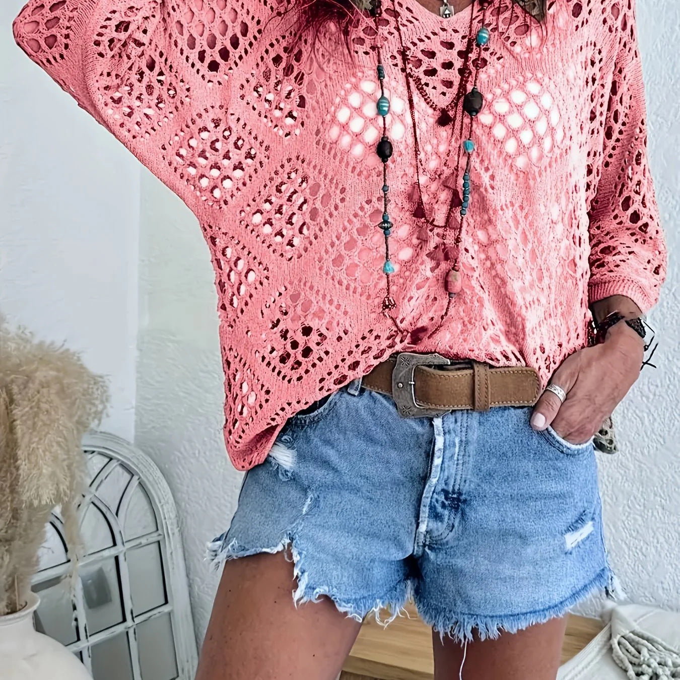 Womens Bohemian-Inspired Beige Crochet Top With V-Neck