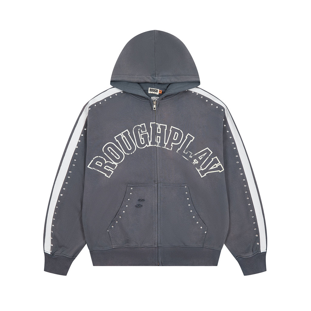 Dark Grey Washed Side Stripe Gothic Letter DUAA Zip‑Up Hoodie
