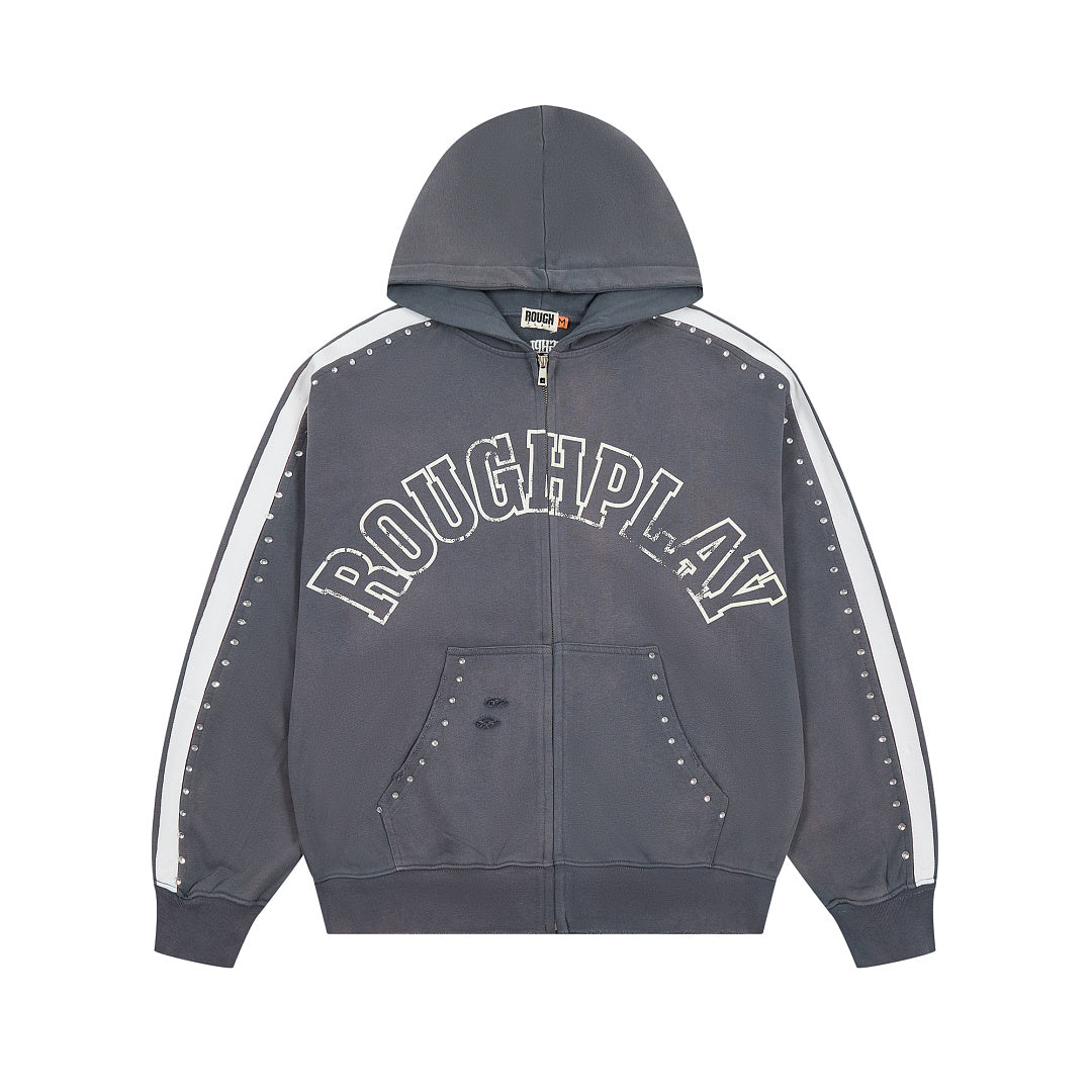 Dark Grey Washed Side Stripe Gothic Letter DUAA Zip‑Up Hoodie