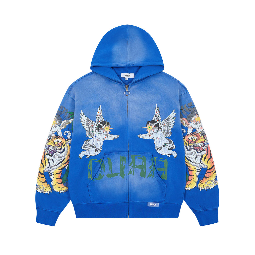 Blue Vintage Tiger & Angel Graphic Oversized Zip‑Up Hoodie