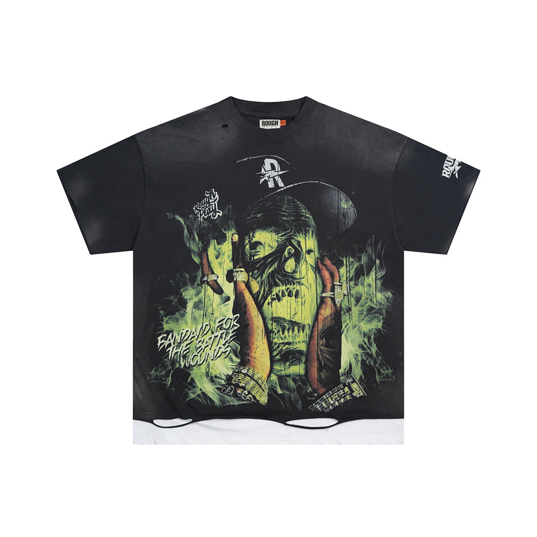 Vintage Washed Black Green Monster Globe Graphic Oversized T‑Shirt