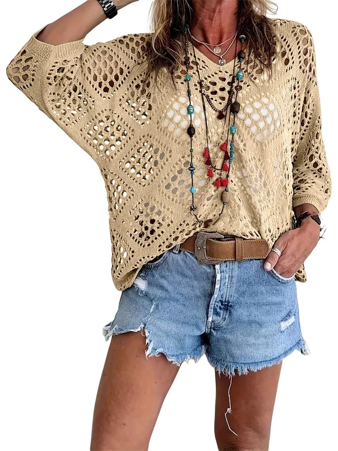 Womens Bohemian-Inspired Beige Crochet Top With V-Neck